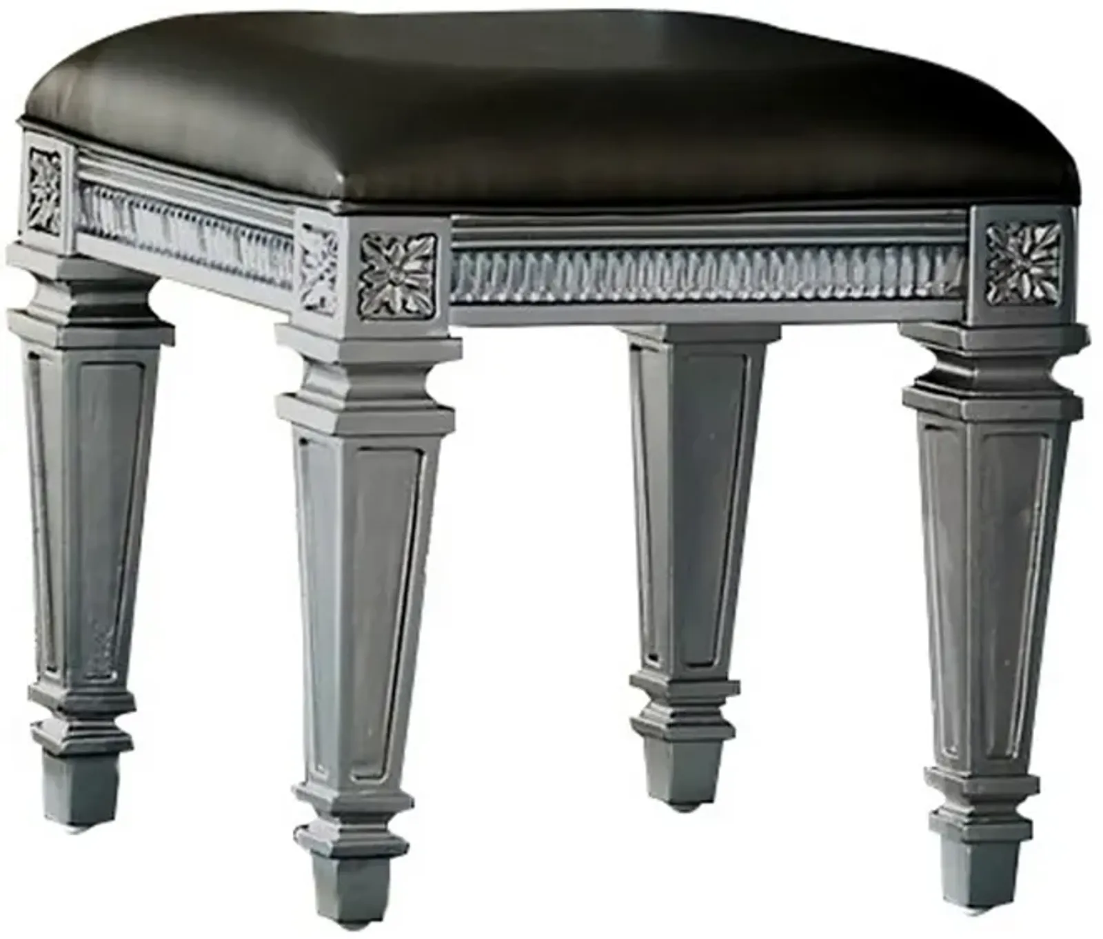 Wooden Vanity Stool wit Leatherette Seat and Faux Crystal Accents, Gray-Benzara