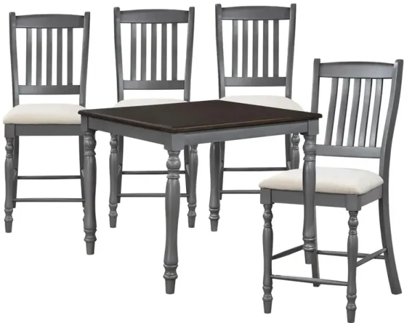 5 Piece Counter Height Table Set, Slatted Chairs, Cream Fabric, Gray, Brown - Benzara