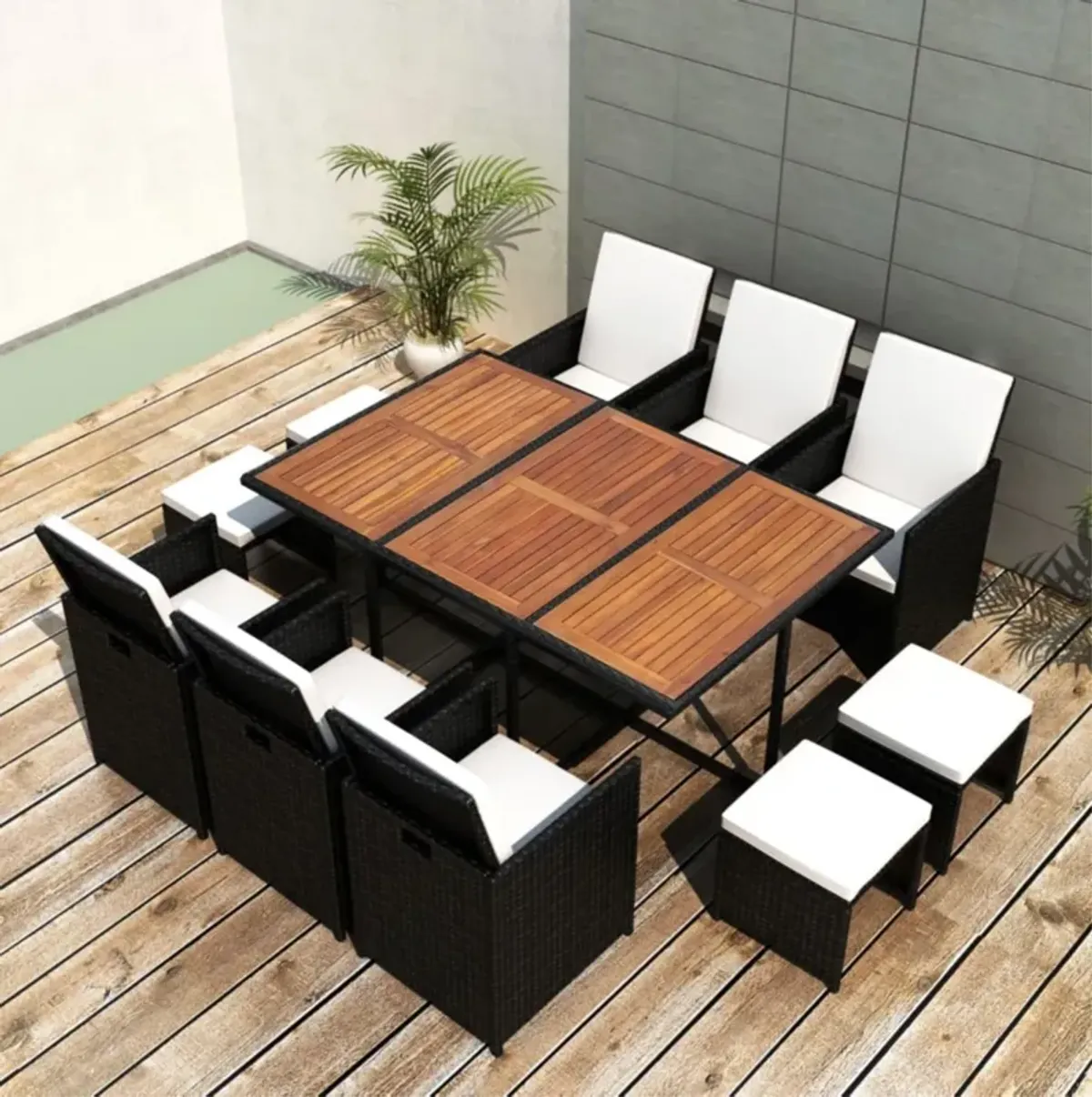 vidaXL 11 Piece Outdoor Dining Set Poly Rattan and Acacia Wood Black