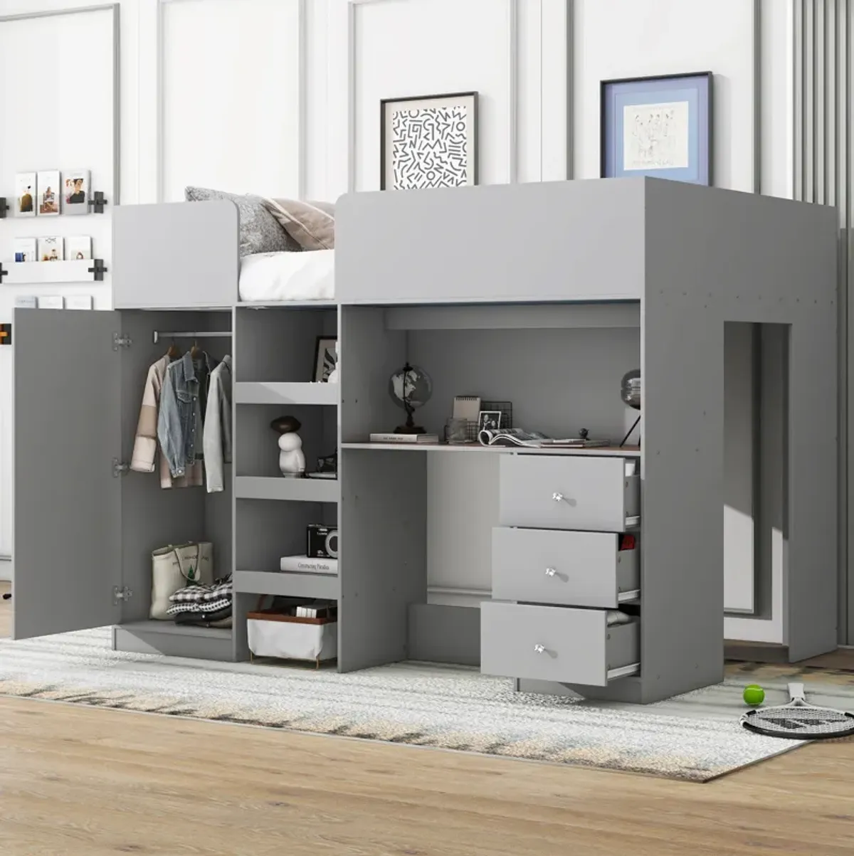 Merax Loft Bed with Wardrobe and Desk