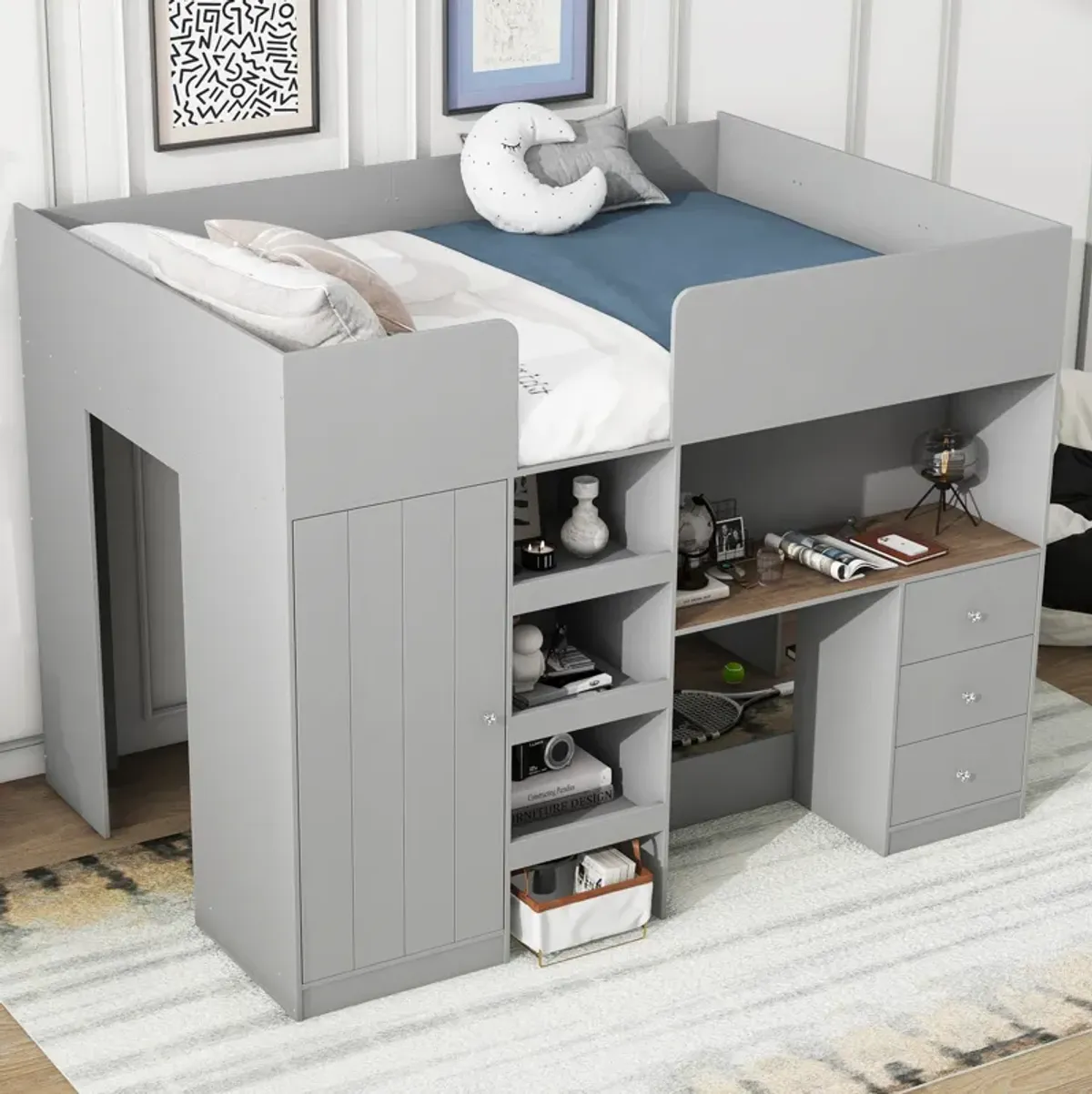 Merax Loft Bed with Wardrobe and Desk