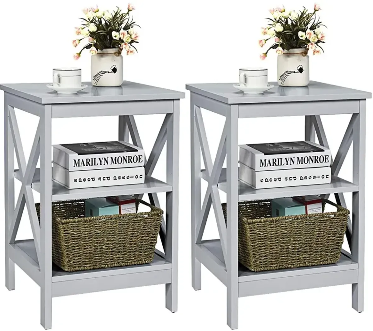 3-Tier X-Design Nightstands with Storage Shelves for Living Room Bedroom-Set of 2