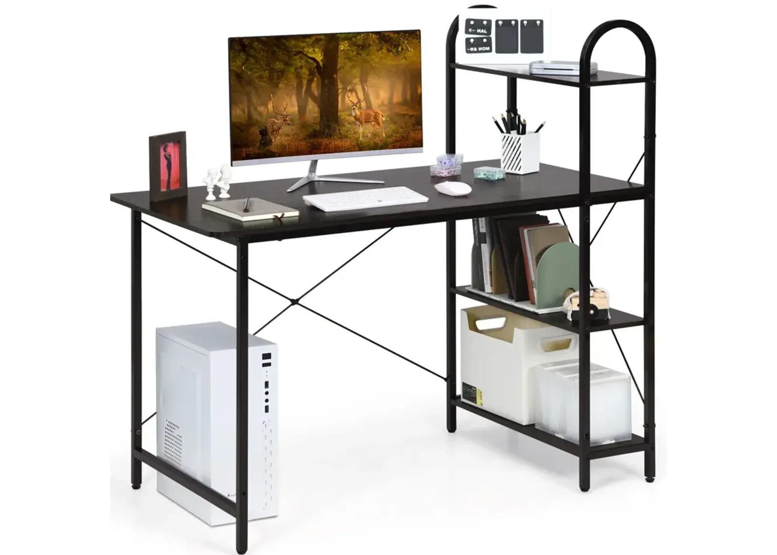 Costway Reversible Computer Desk Study Workstation Home Office 4-tier Bookshelf