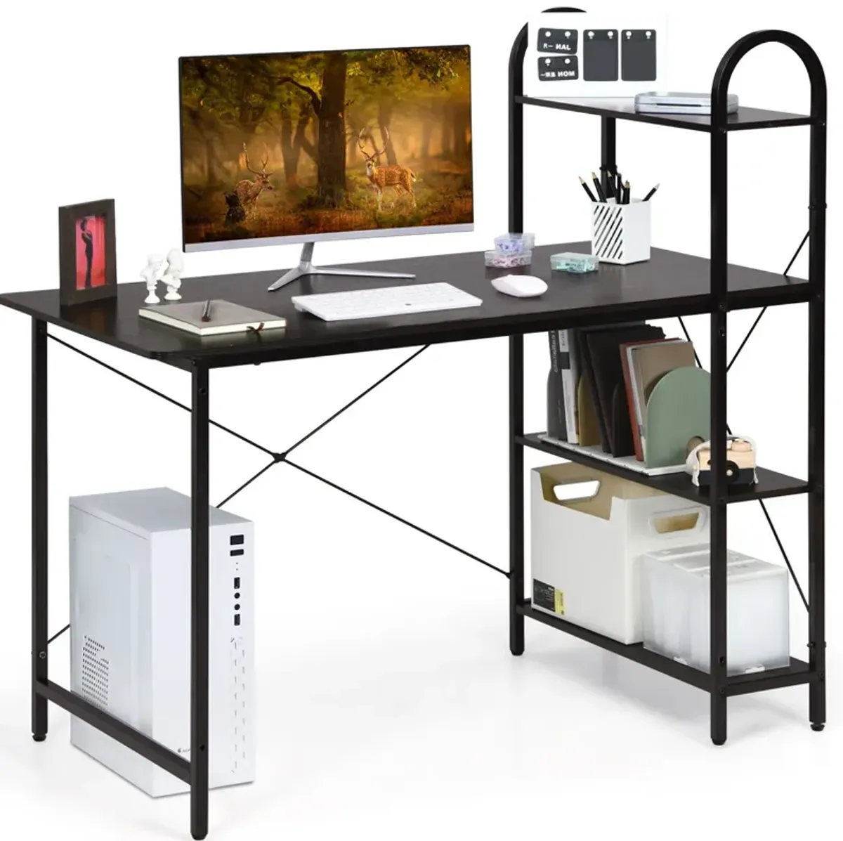 Costway Reversible Computer Desk Study Workstation Home Office 4-tier Bookshelf