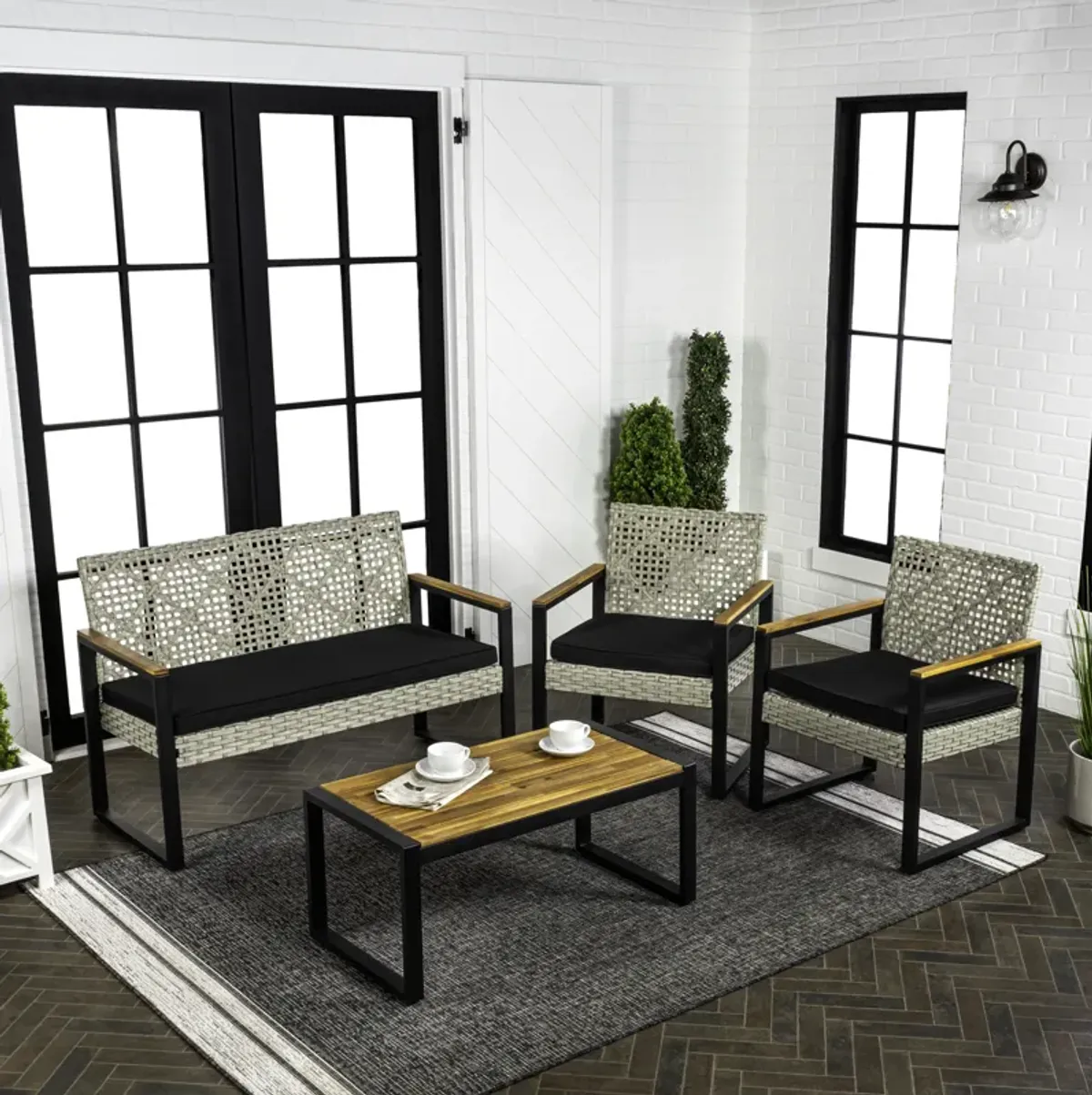 Elina 4-Piece Modern Coastal Faux Wicker Conversation Outdoor Patio Set