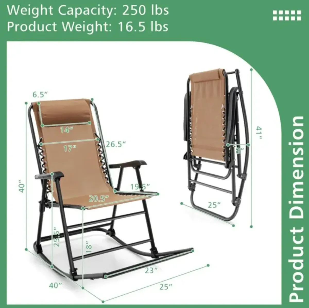 Hivvago Outdoor Patio Camping Lightweight Folding Rocking Chair with Footrest