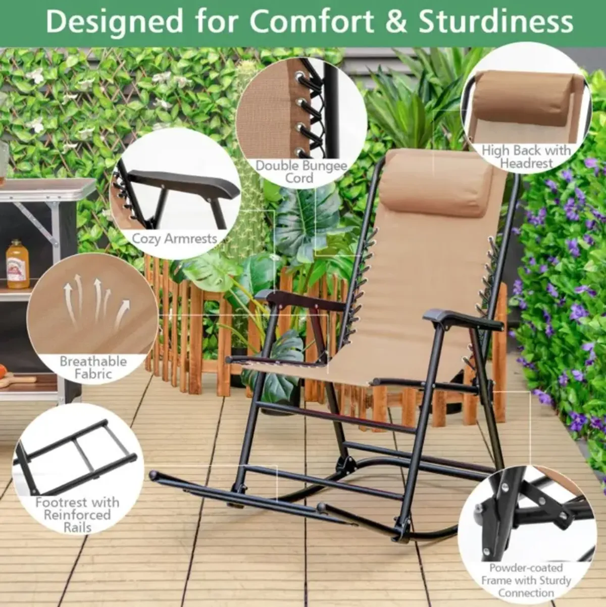 Hivvago Outdoor Patio Camping Lightweight Folding Rocking Chair with Footrest