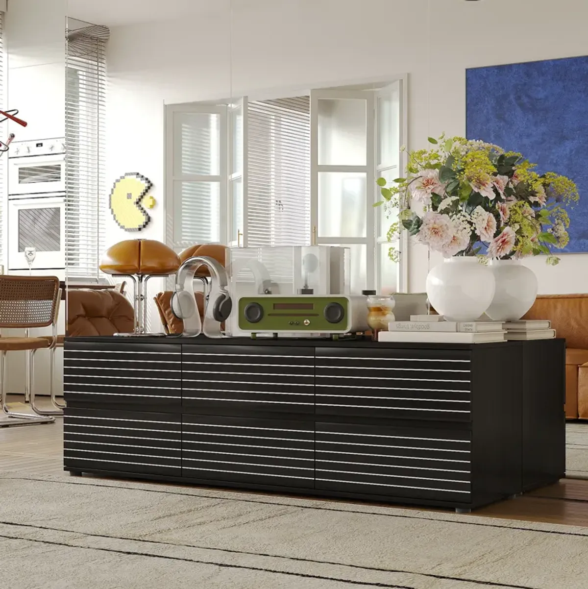 FUFU&GAGA 6-Drawer TV Stand with Sleek Design, Ample Storage, (63" W x 15.7" D x 19.7" H), Black