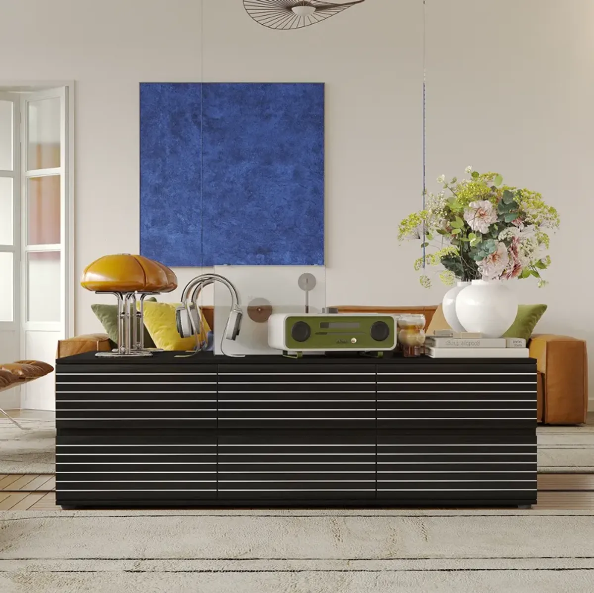 FUFU&GAGA 6-Drawer TV Stand with Sleek Design, Ample Storage, (63" W x 15.7" D x 19.7" H), Black