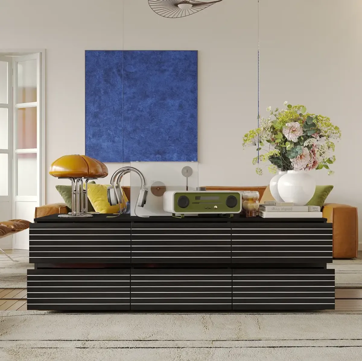 FUFU&GAGA 6-Drawer TV Stand with Sleek Design, Ample Storage, (63" W x 15.7" D x 19.7" H), Black