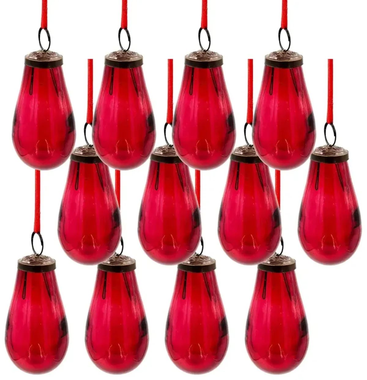 Tear Drop Christmas Ornaments, Set of 12 Glass Decorations with Brass Accents for Holiday Tree, Red