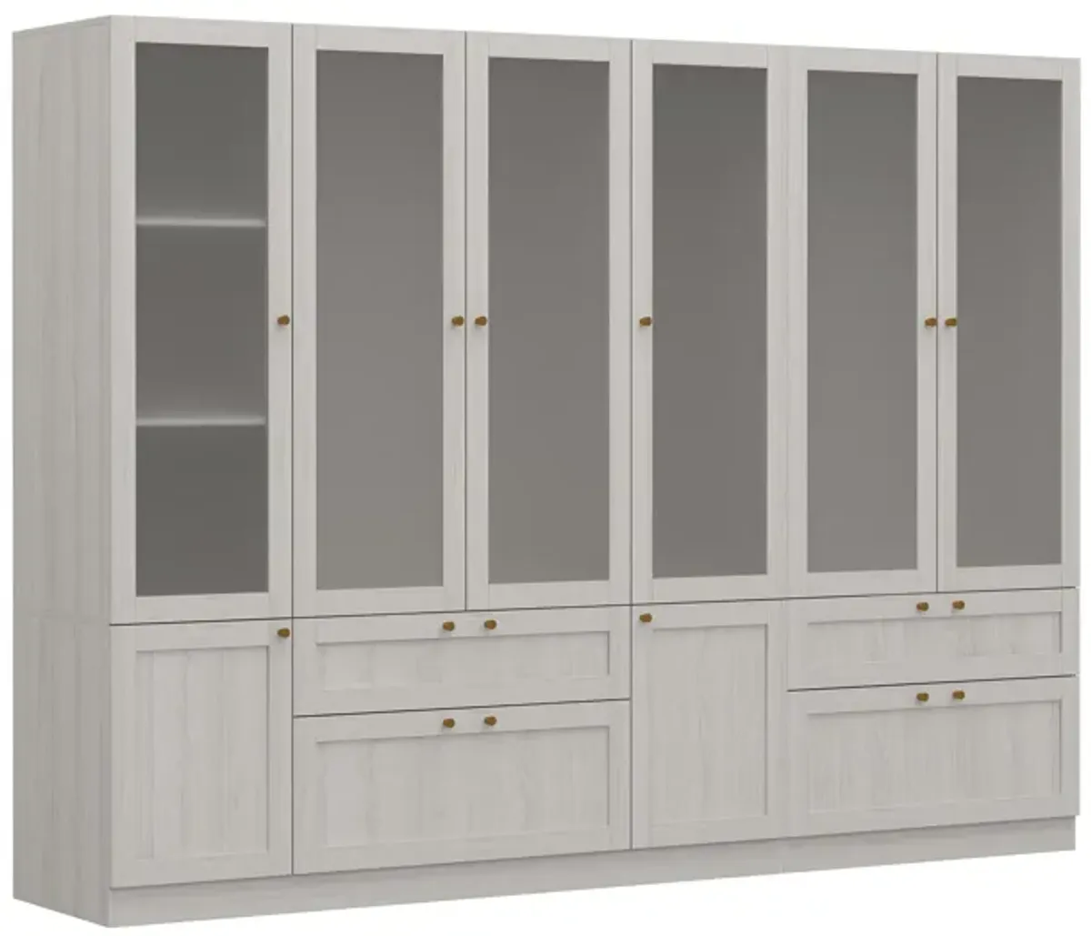 FUFU&GAGA Modern White Wardrobe with Frosted Glass Doors, Gold Accents, 4 Drawers, and Hanging Rail – Customizable L-Shape/U-Shape Closet System, (94.5" L x 19.9" W x 70.9" H),White