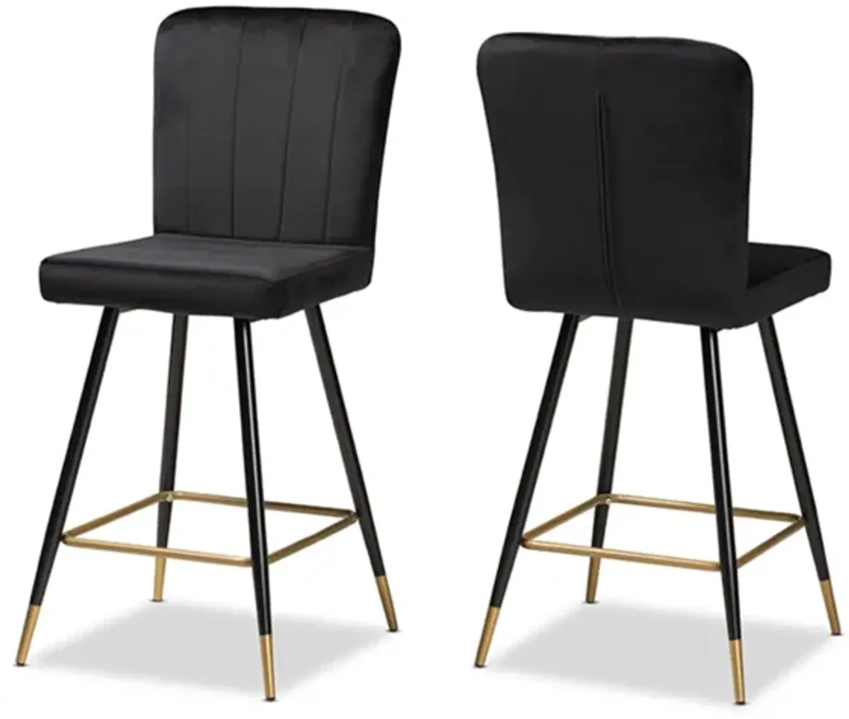 Baxton Studio Preston Modern Luxe and Glam Black Velvet Fabric Upholstered and Two-Tone Black and Gold Finished Metal 2-Piece Bar Stool Set
