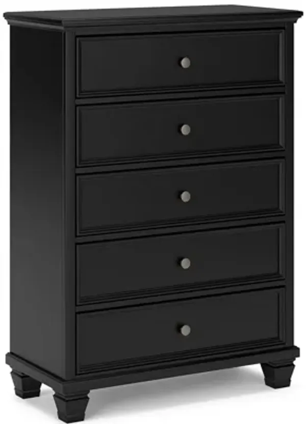 Lemo Tall Dresser Chest, 5 Drawer, Nickel Round Knob, Black Solid Wood - Benzara