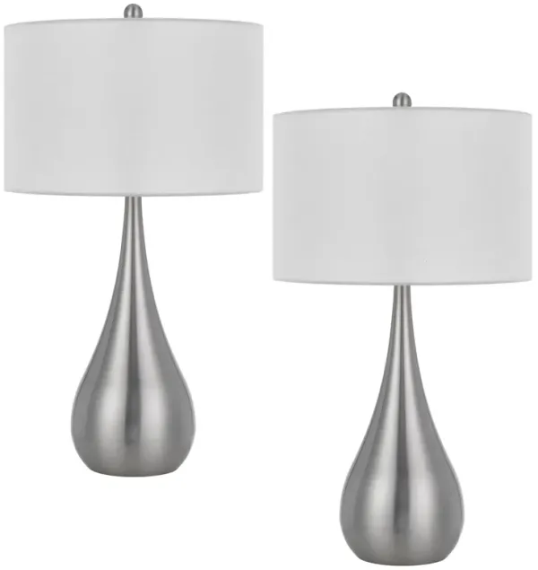 Ege Table Lamp Set of 2, Teardrop Brushed Steel Base, White Shade - Benzara