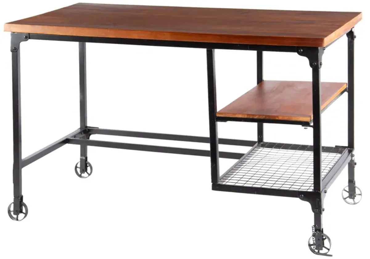 Industrial Style Wood and Metal Desk with Two Bottom Shelves, Brown and Black-Benzara