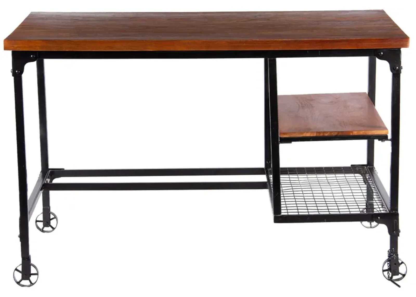 Industrial Style Wood and Metal Desk with Two Bottom Shelves, Brown and Black-Benzara