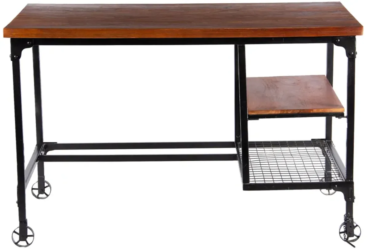 Industrial Style Wood and Metal Desk with Two Bottom Shelves, Brown and Black-Benzara