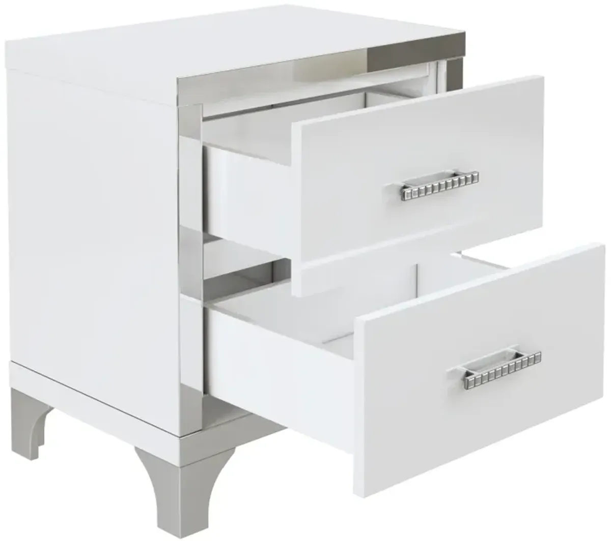 White Mirrored Nightstand with 2 Drawers