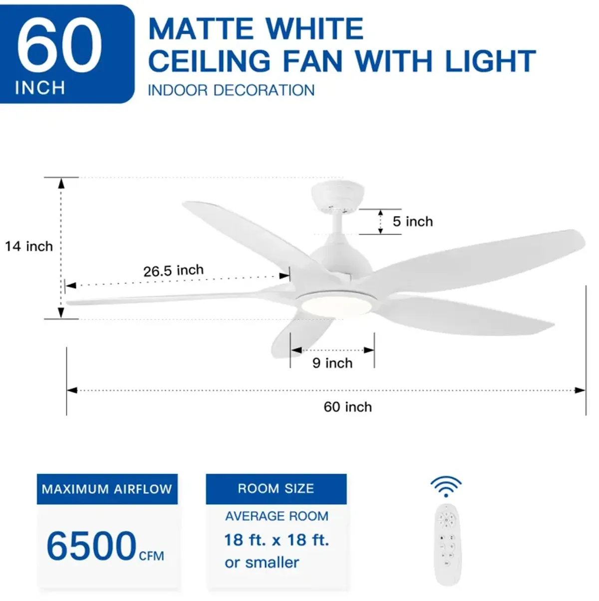 Modern 60 In Integrated LED Ceiling Fan Lighting With White Abs Blade