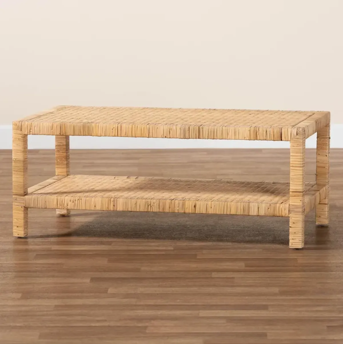 Bali & Pari Kalimantan Bohemian Light Honey Rattan and Mahogany Wood Rectangle Coffee Table