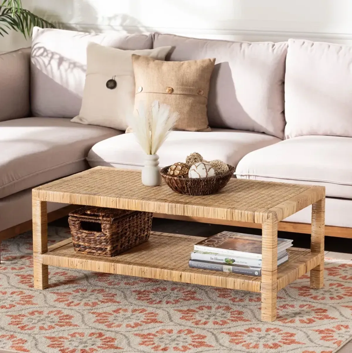 Bali & Pari Kalimantan Bohemian Light Honey Rattan and Mahogany Wood Rectangle Coffee Table