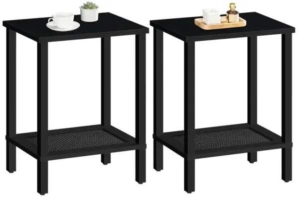 HOOBRO End Tables Set of 2, Side Table with 2-Tier Storage Shelves, Tall Nightstand with Faux Rattan Decoration, Sofa Table for