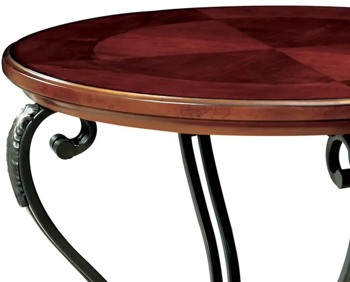 Round Wood and Metal End Table with Scroll Details, Brown-Benzara