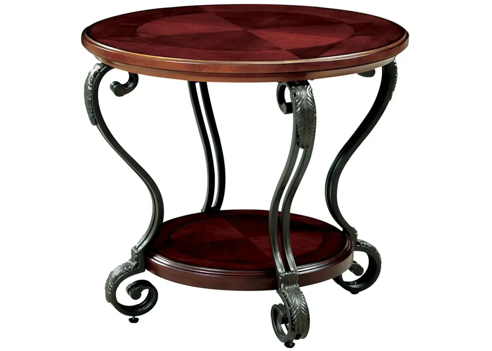 Round Wood and Metal End Table with Scroll Details, Brown-Benzara