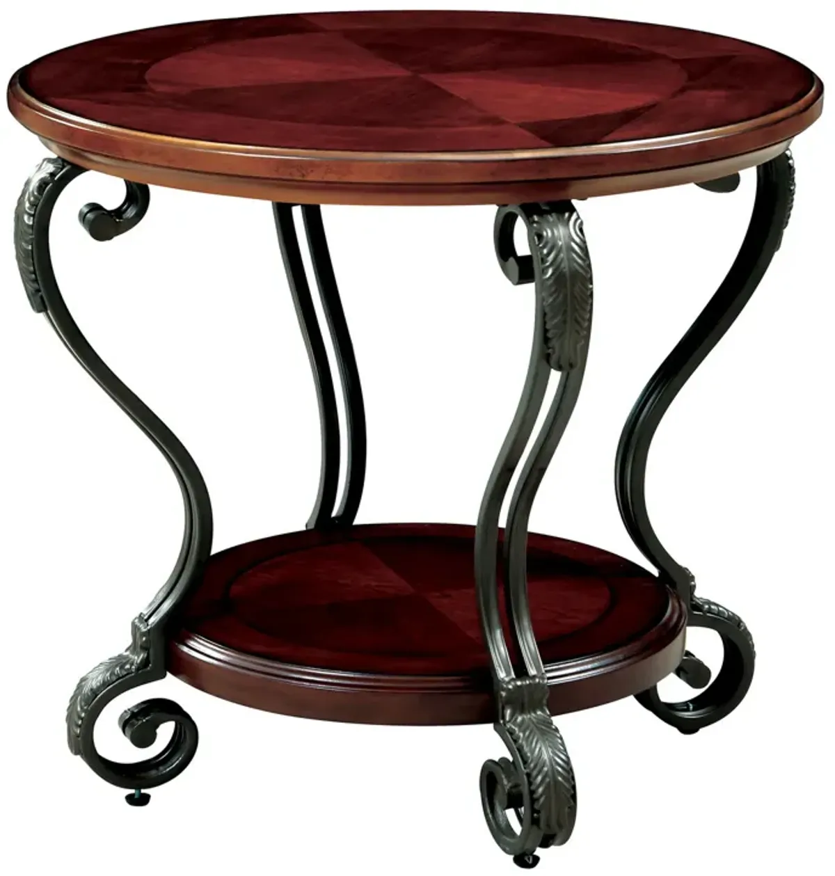 Round Wood and Metal End Table with Scroll Details, Brown-Benzara