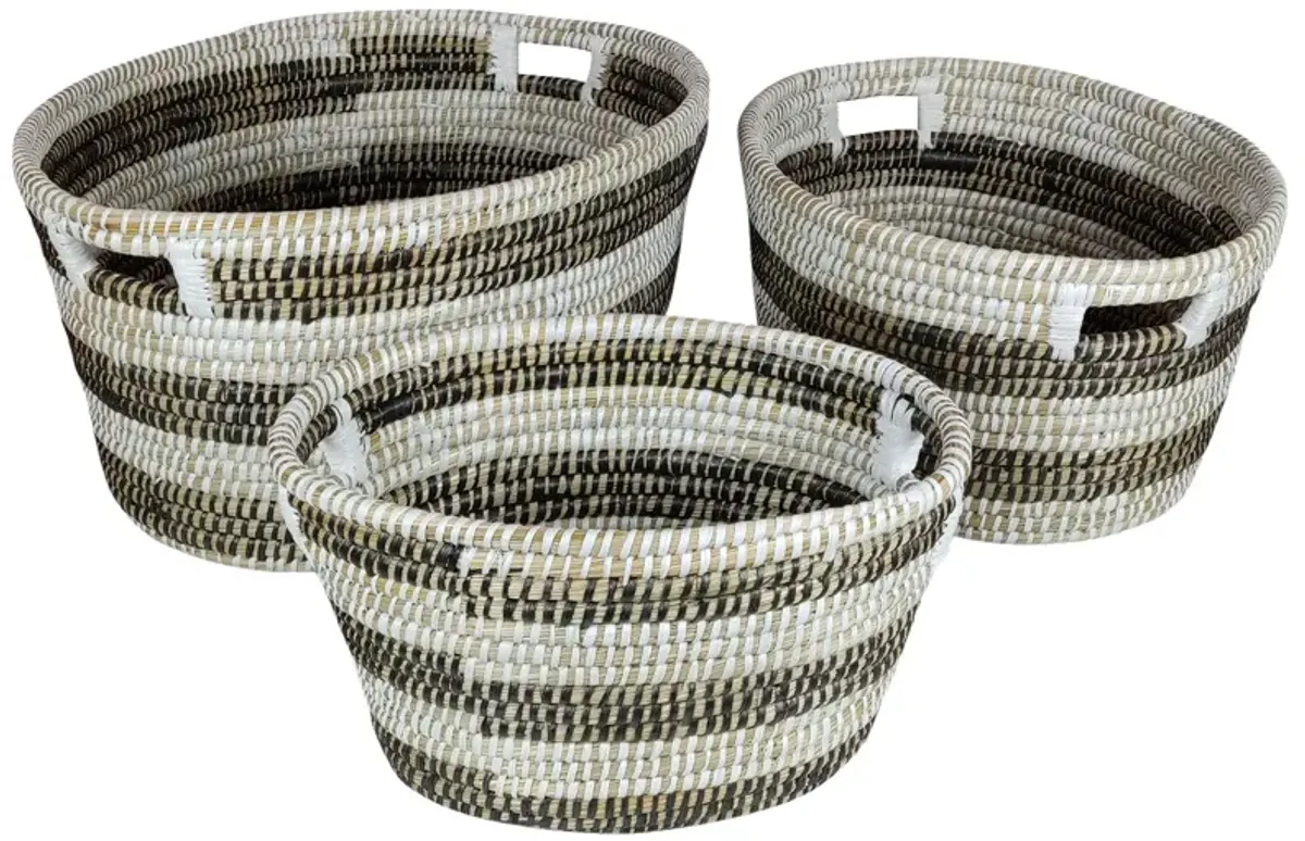 Natural Canes Grass Baskets Stackable Storage Bins Set of 3 with Hollowed Handles