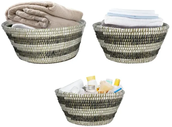 Natural Canes Grass Baskets Stackable Storage Bins Set of 3 with Hollowed Handles