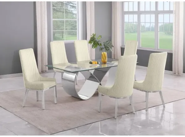 Best Quality Furniture 7Pc Tempered Glass Dining Set With 6 Cream Boucle Side Chairs And A Silver Base