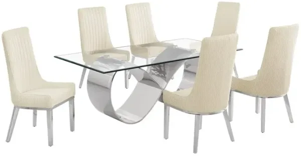 Best Quality Furniture 7Pc Tempered Glass Dining Set With 6 Cream Boucle Side Chairs And A Silver Base
