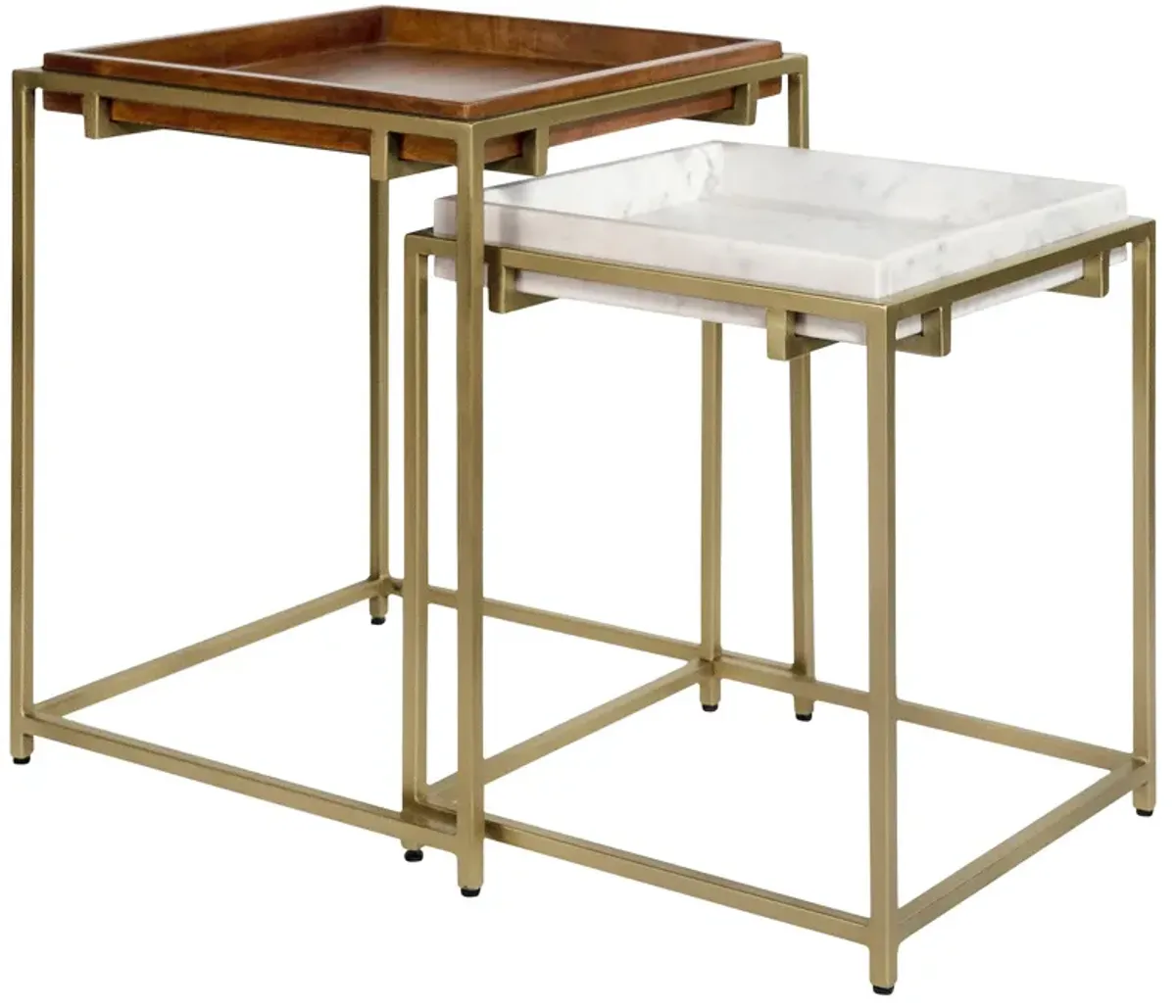 2 Piece Nesting End Table Set, Square Tray Top, White Marble, Gold, Brown - Benzara