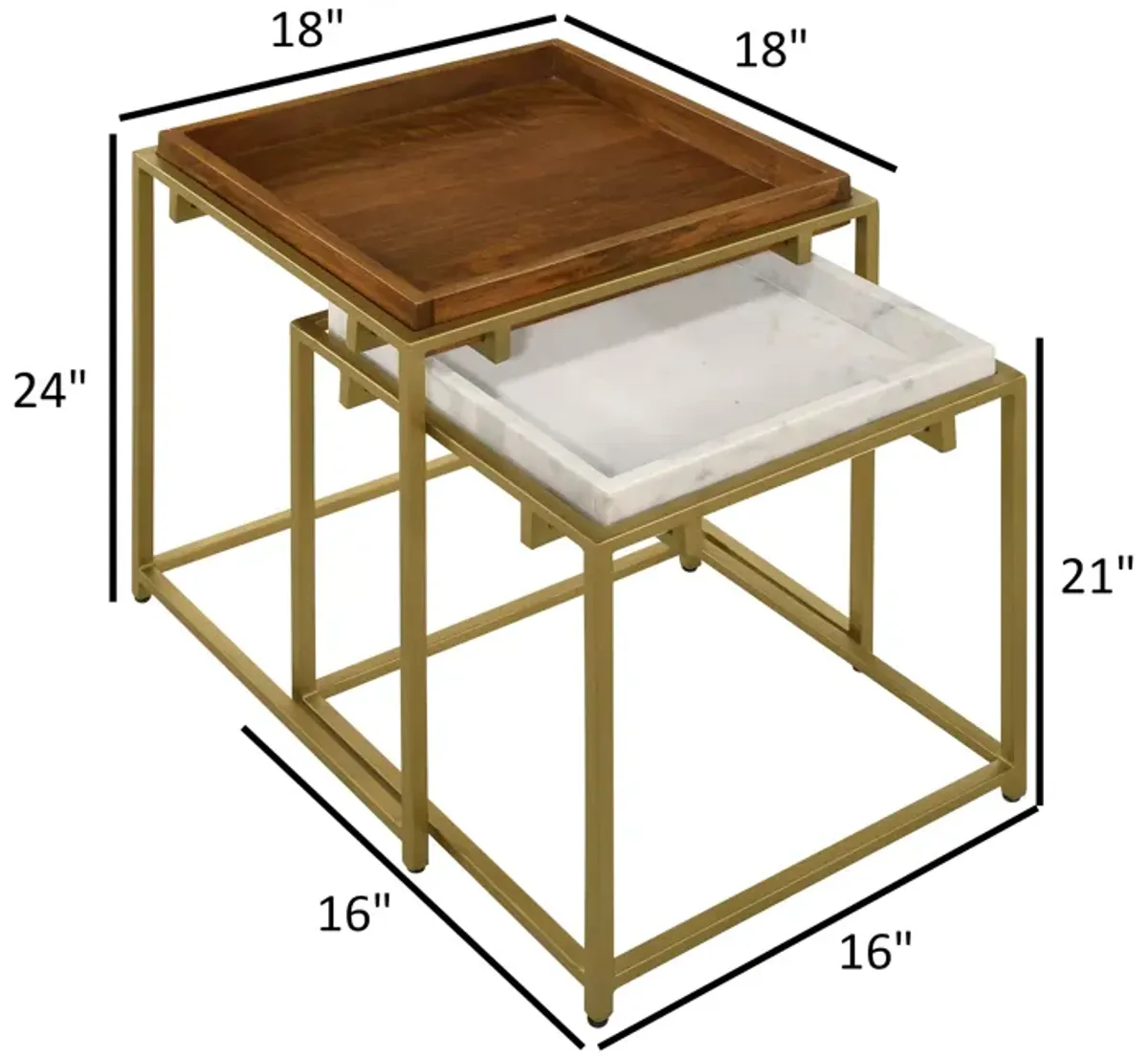 2 Piece Nesting End Table Set, Square Tray Top, White Marble, Gold, Brown - Benzara