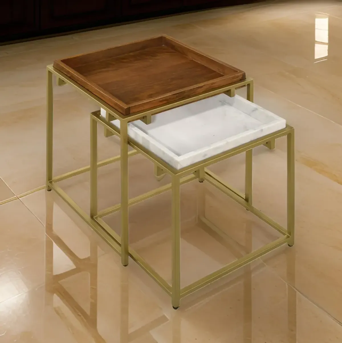 2 Piece Nesting End Table Set, Square Tray Top, White Marble, Gold, Brown - Benzara