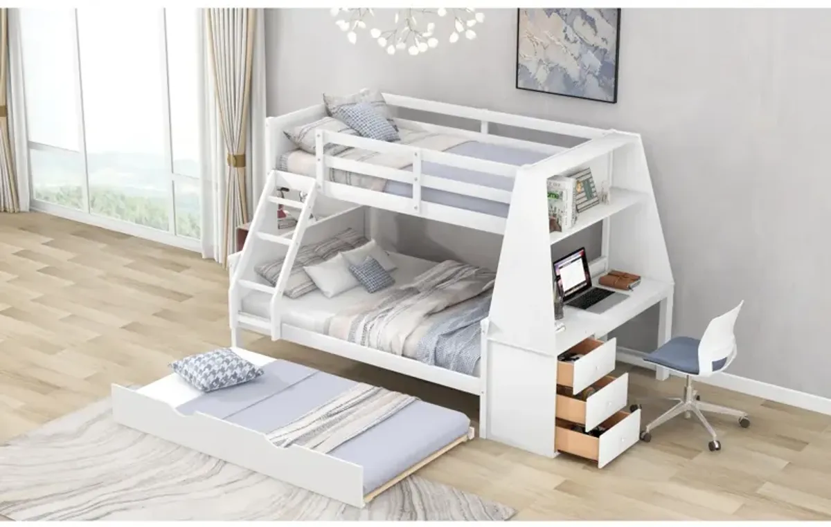 Twin Over Full Bunk Bed With Trundle And Built-In Desk, Three Storage Drawers And Shelf