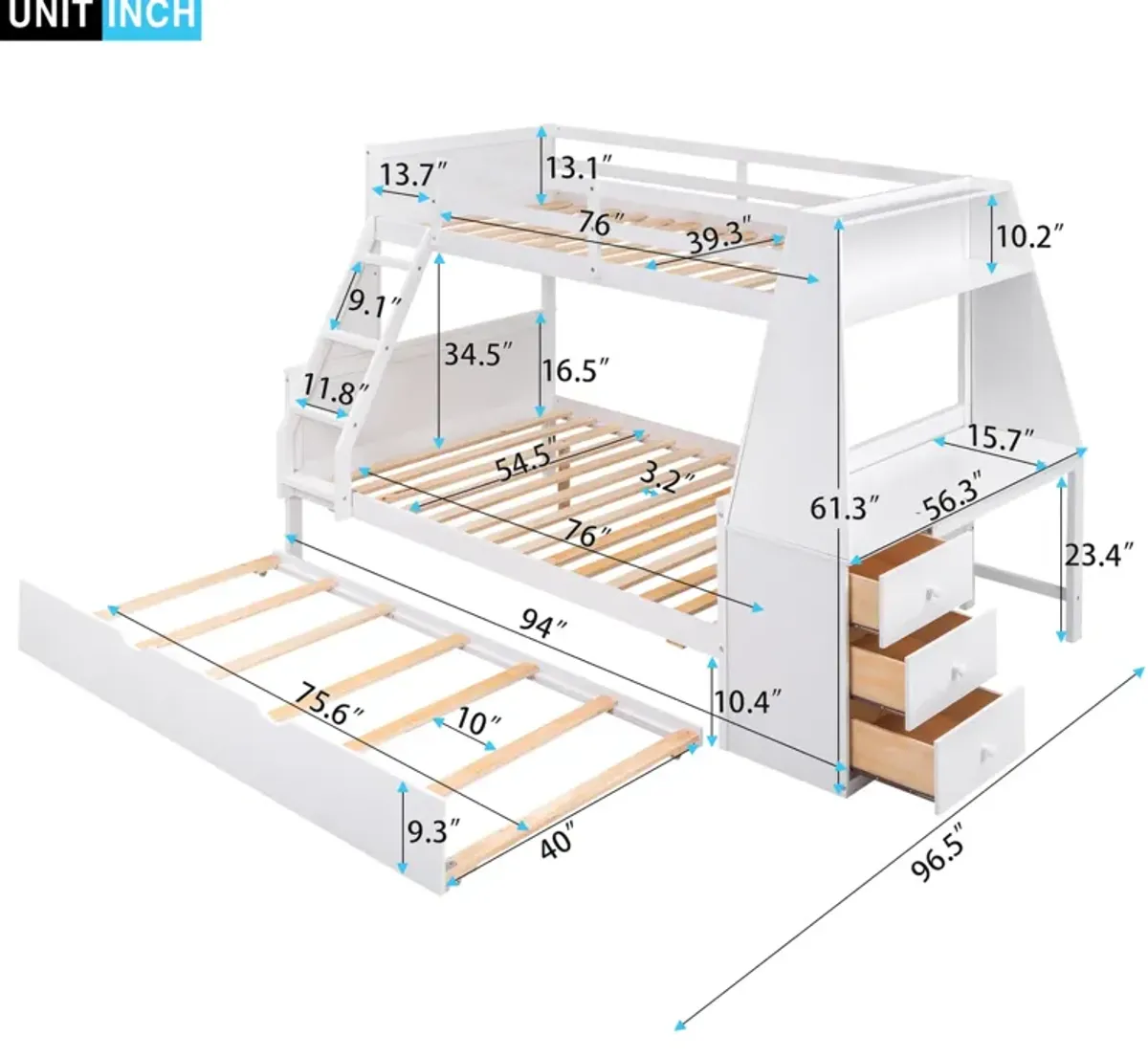 Twin Over Full Bunk Bed With Trundle And Built-In Desk, Three Storage Drawers And Shelf