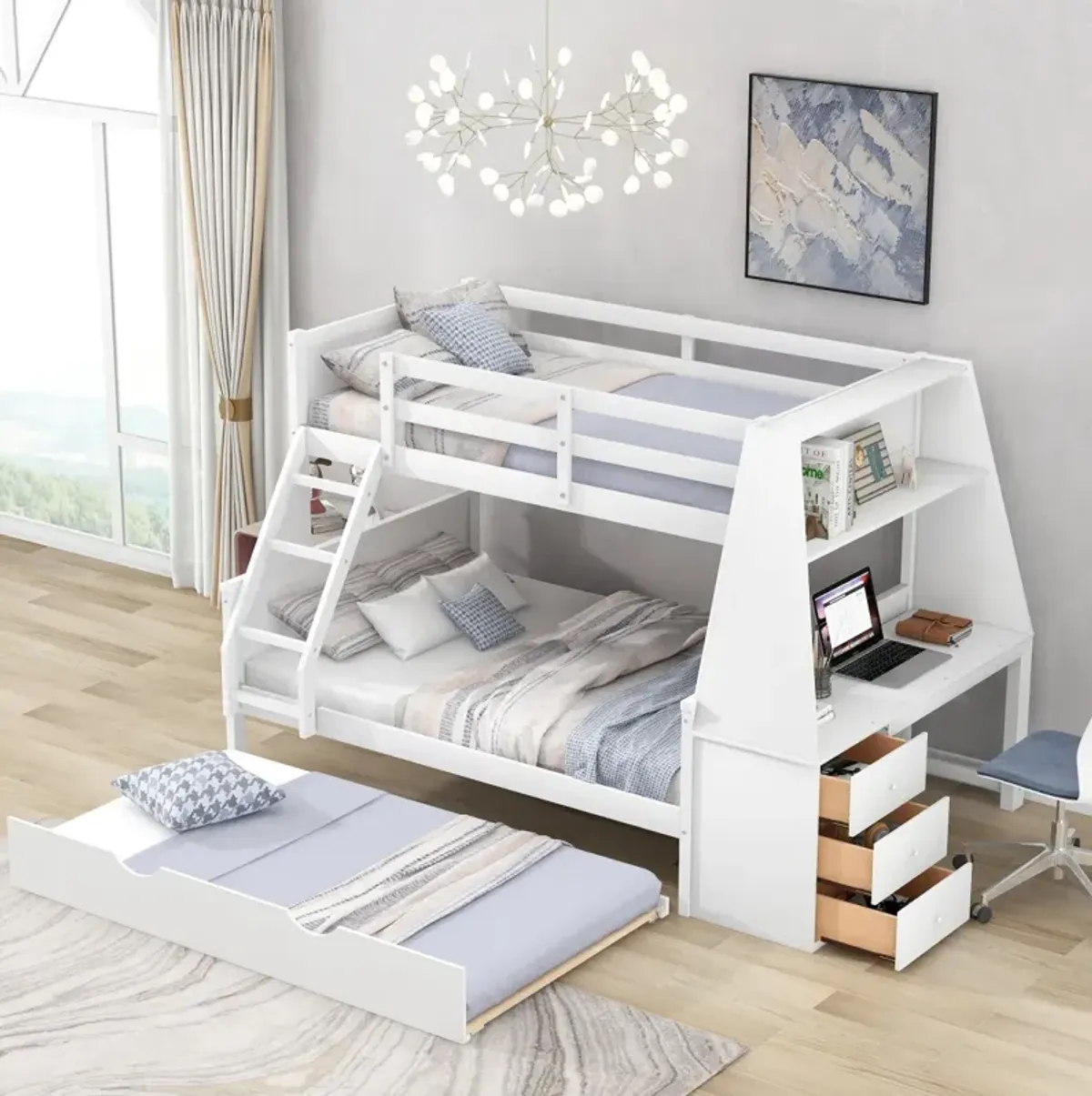 Twin Over Full Bunk Bed With Trundle And Built-In Desk, Three Storage Drawers And Shelf