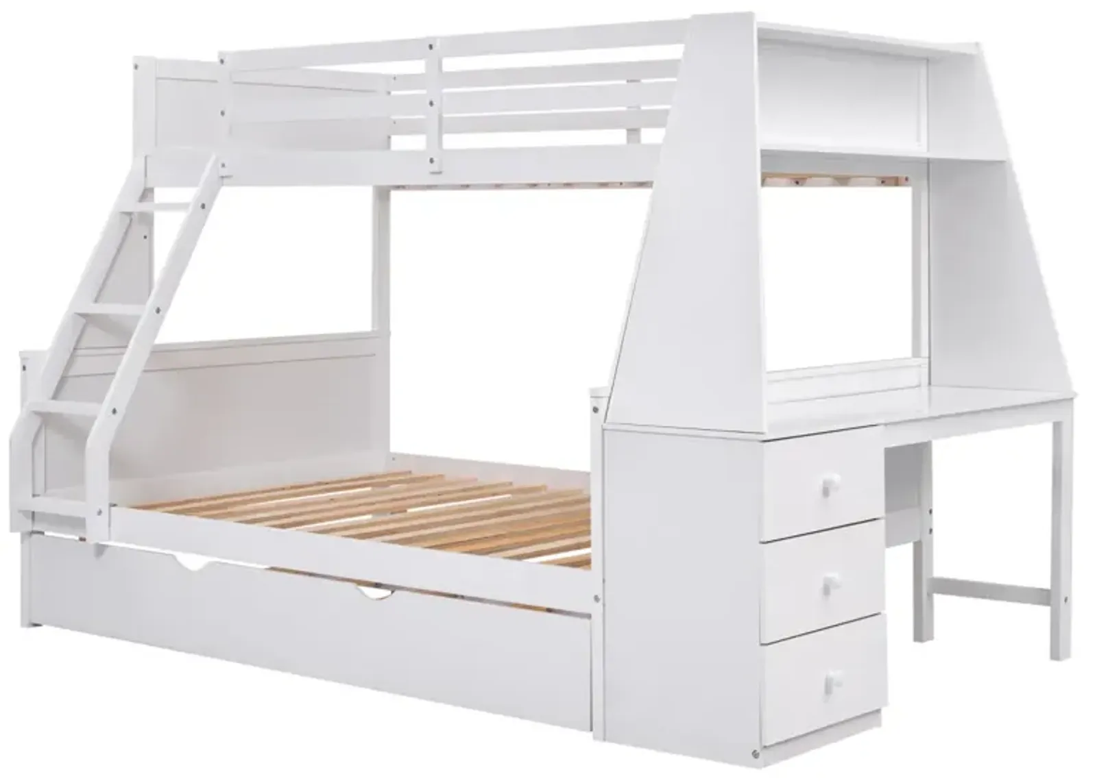 Twin Over Full Bunk Bed With Trundle And Built-In Desk, Three Storage Drawers And Shelf