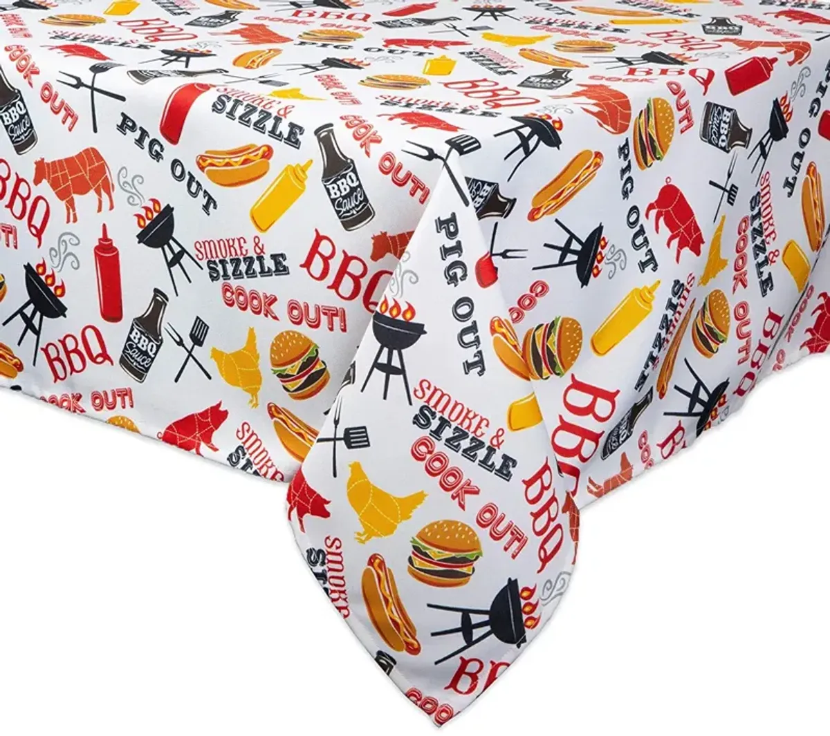 84" White and Yellow Barbeque Themed Rectangular Outdoor Tablecloth with Zipping