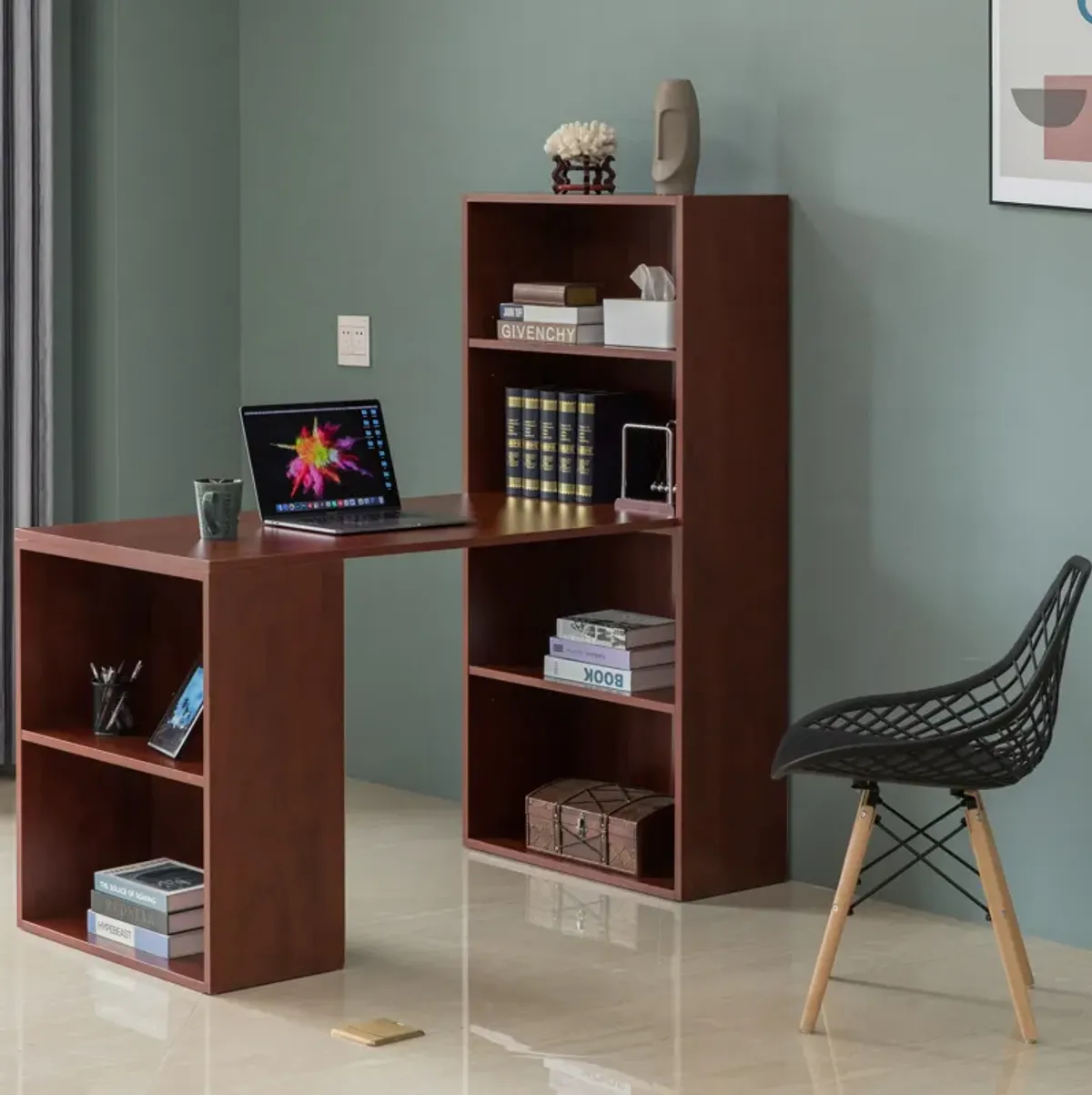 Computer Writing Workstation Table with Combo Bookshelf Bookcase, Large Cherry