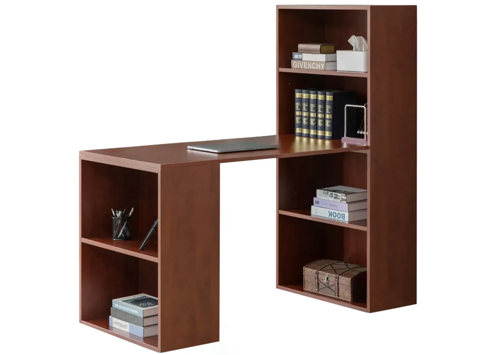 Computer Writing Workstation Table with Combo Bookshelf Bookcase, Large Cherry