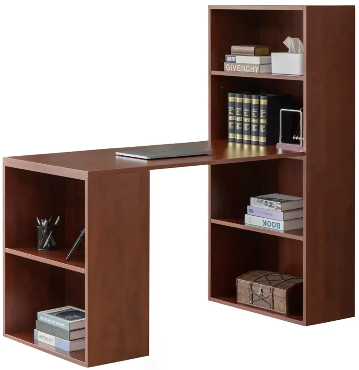 Computer Writing Workstation Table with Combo Bookshelf Bookcase, Large Cherry