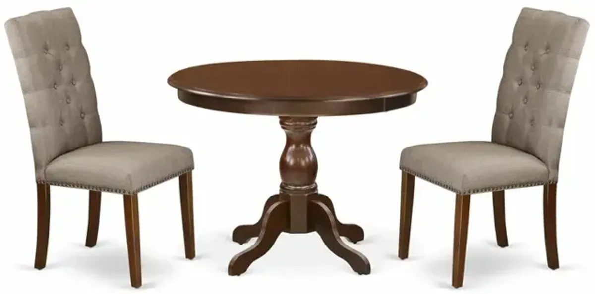 East West Furniture HBEL3-MAH-16 3 Piece Dining Room Table Set - Mahogany Dining Table and 2 Dark Khaki Linen Fabric Chairs for Dining Room Button Tufted Back with Nail Heads - Mahogany Finish