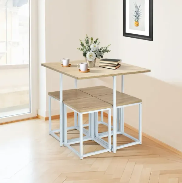 5 Pieces Metal Frame Dining Set with Compact Dining Table and 4 Stools-Natural