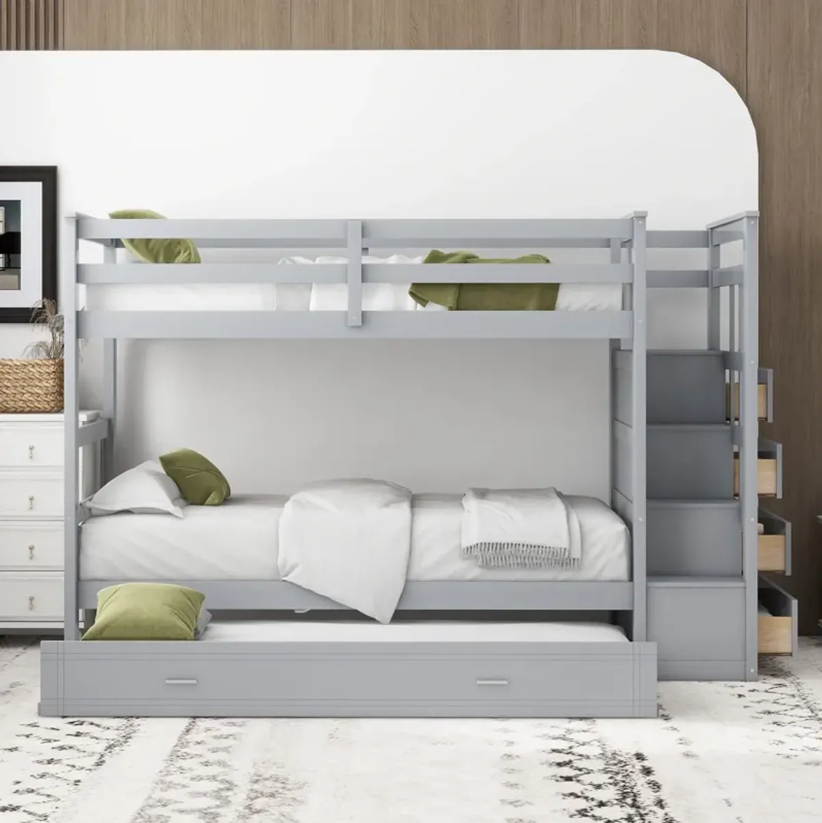 Merax Twin Over Twin Bunk Bed with Trundle and Staircase