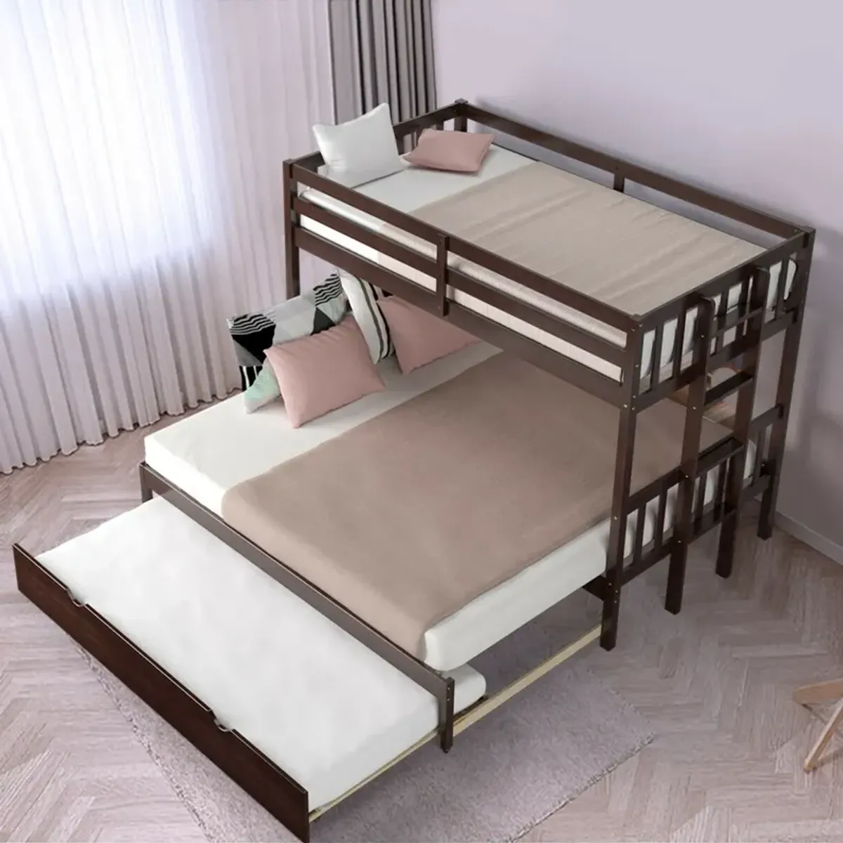 Twin Pull-Out Bunk Bed with Trundle Wooden Ladder