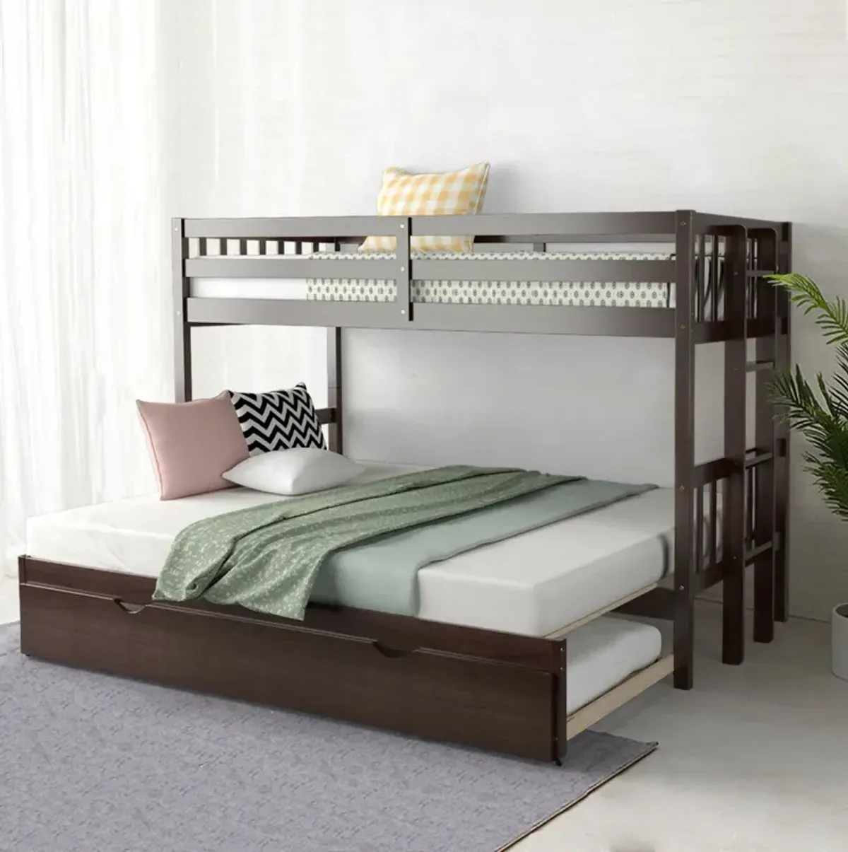 Twin Pull-Out Bunk Bed with Trundle Wooden Ladder